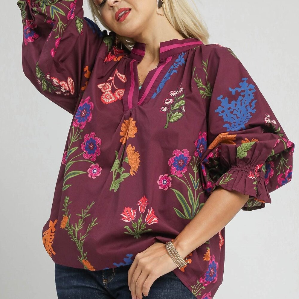 UMGEE Floral Print V Neck Open Collar Top (New) -Burgundy Mix